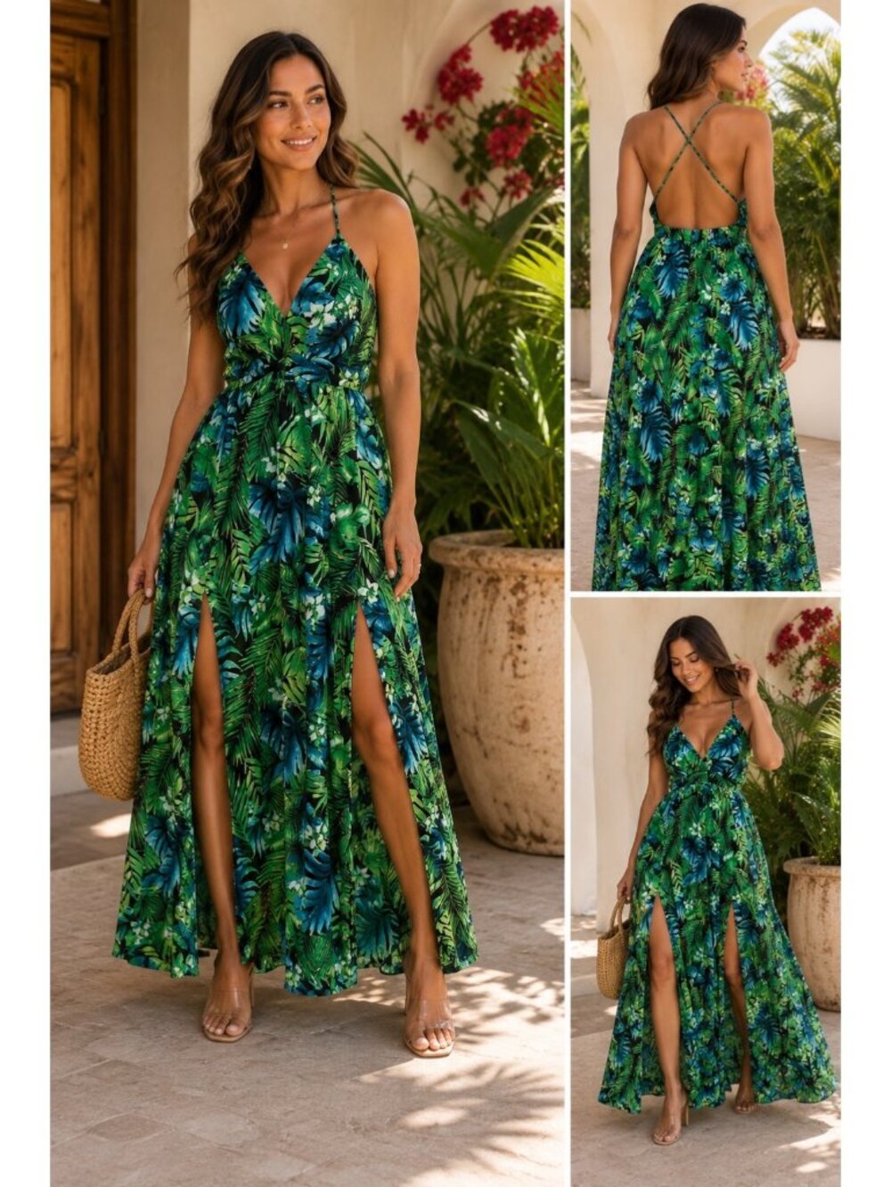 Tropical Print Maxi Dress With Spaghetti Straps Plunging V-Neck  Small